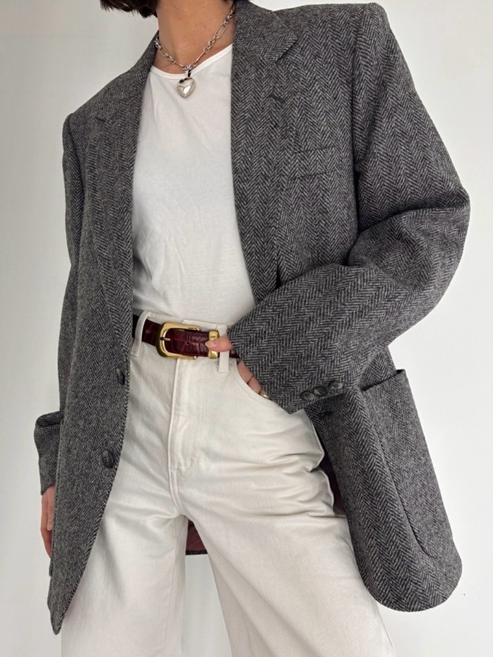 Vintage 100% wool tweed grey herringbone men’s blazer oversized relaxed fit tall